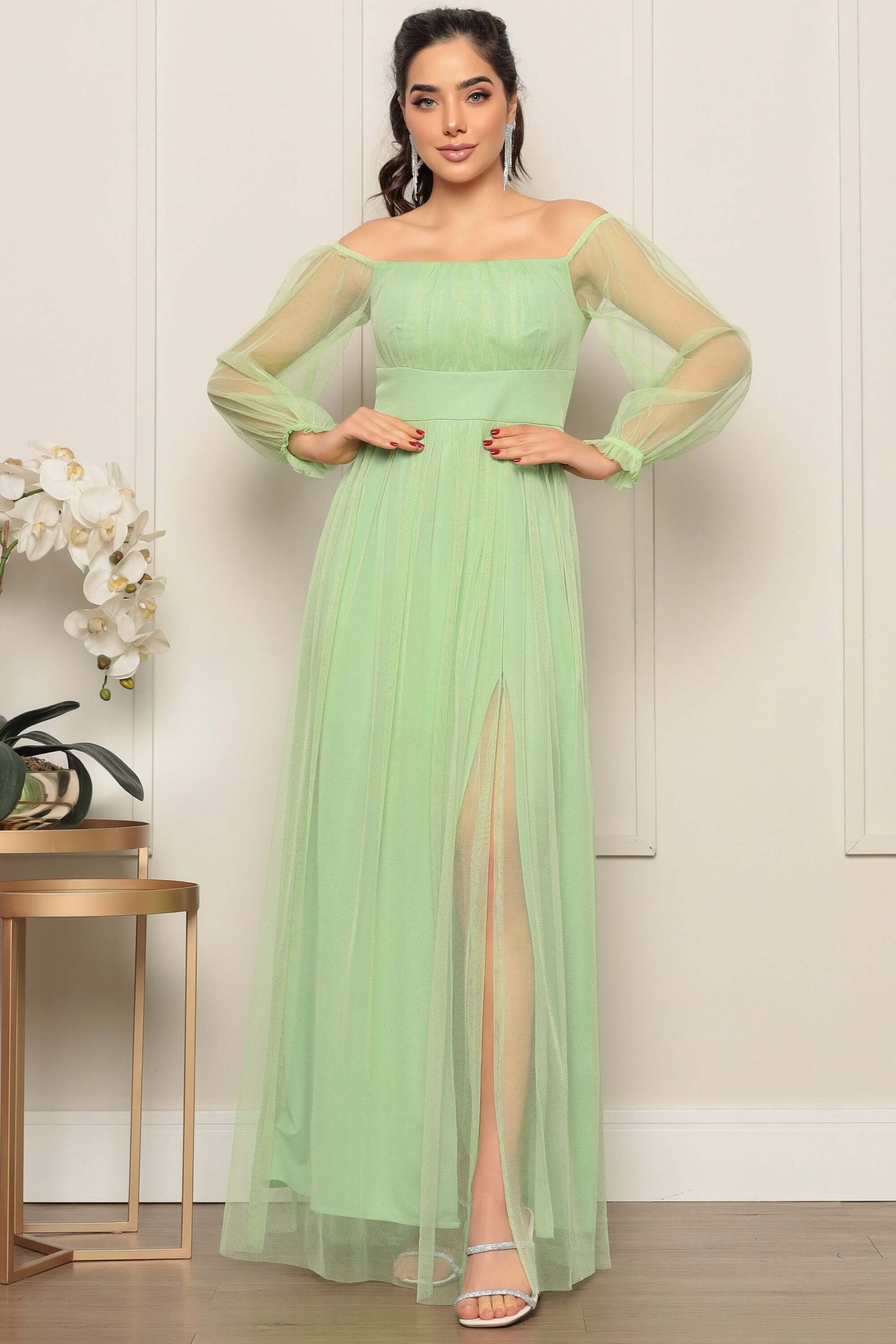 VESTIDO LONGO OMBRO A OMBRO TULIPA TULE GLITER ROXO FUCSIA