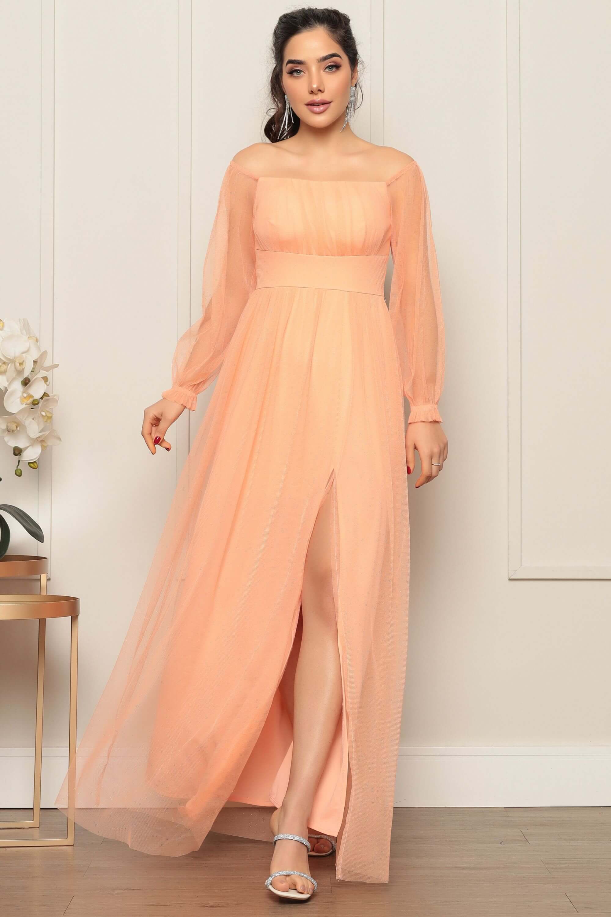 Vestido Cor Salmão Claro VESTIDO DE FESTA LONGO TULIPA TULE GLITER