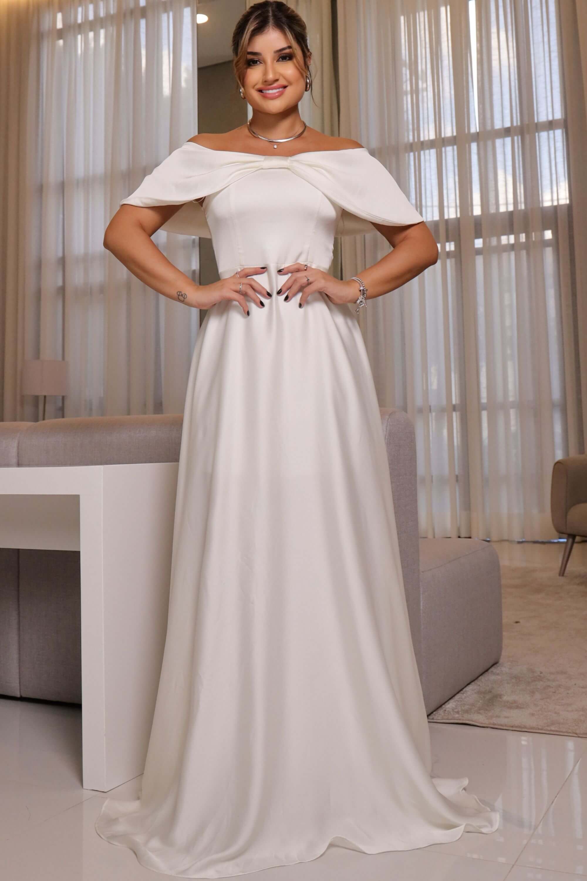 Noiva Vestido De Cetim Branco Longo Vestido Midi Vestido De Cetim