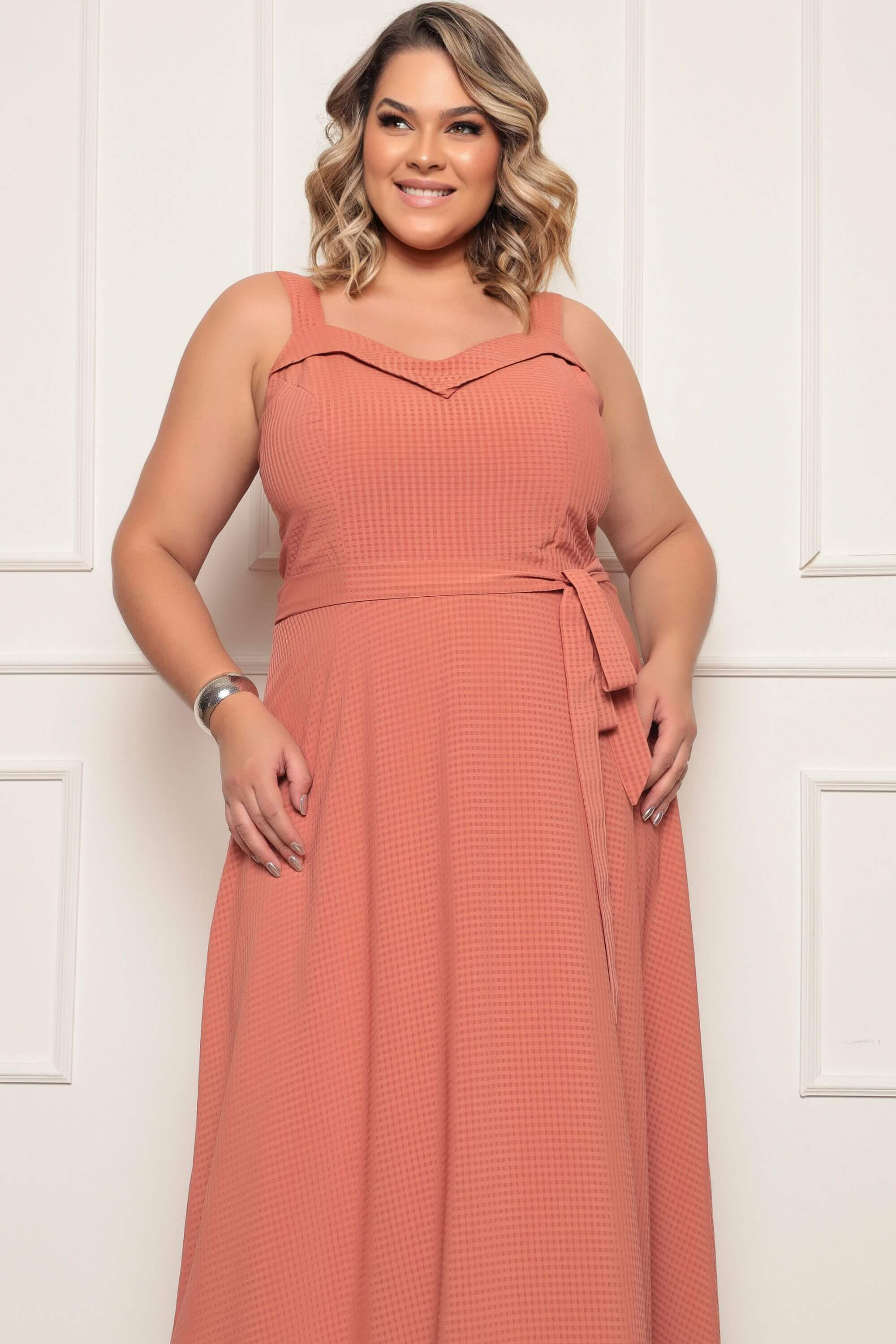 VESTIDO LONGO ALANA XADREZ TERRACOTA