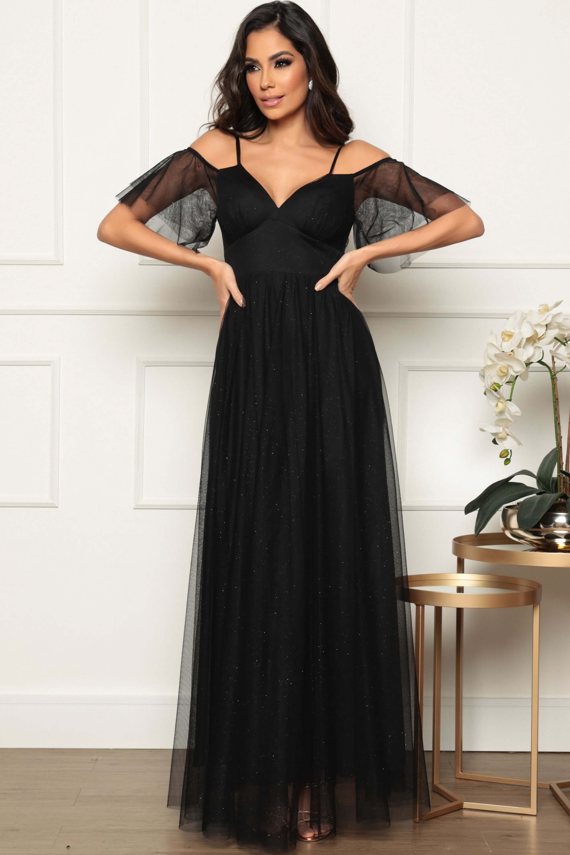 Vestido Longo Preto Com Tule Transparente Vestido Longo Camiseta - Main Image