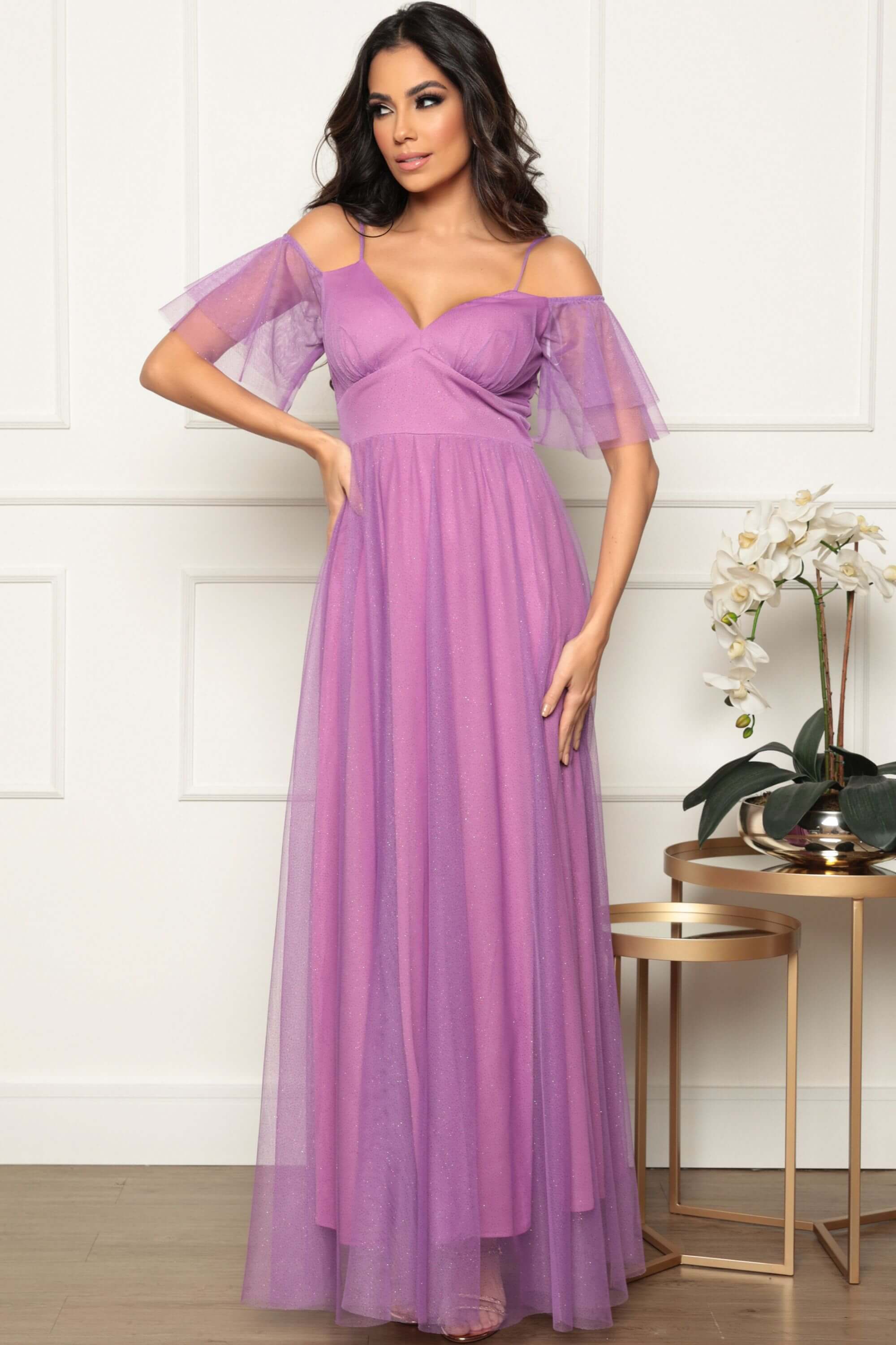 VESTIDO LONGO DANI TULE GLITER ROXO LILAS