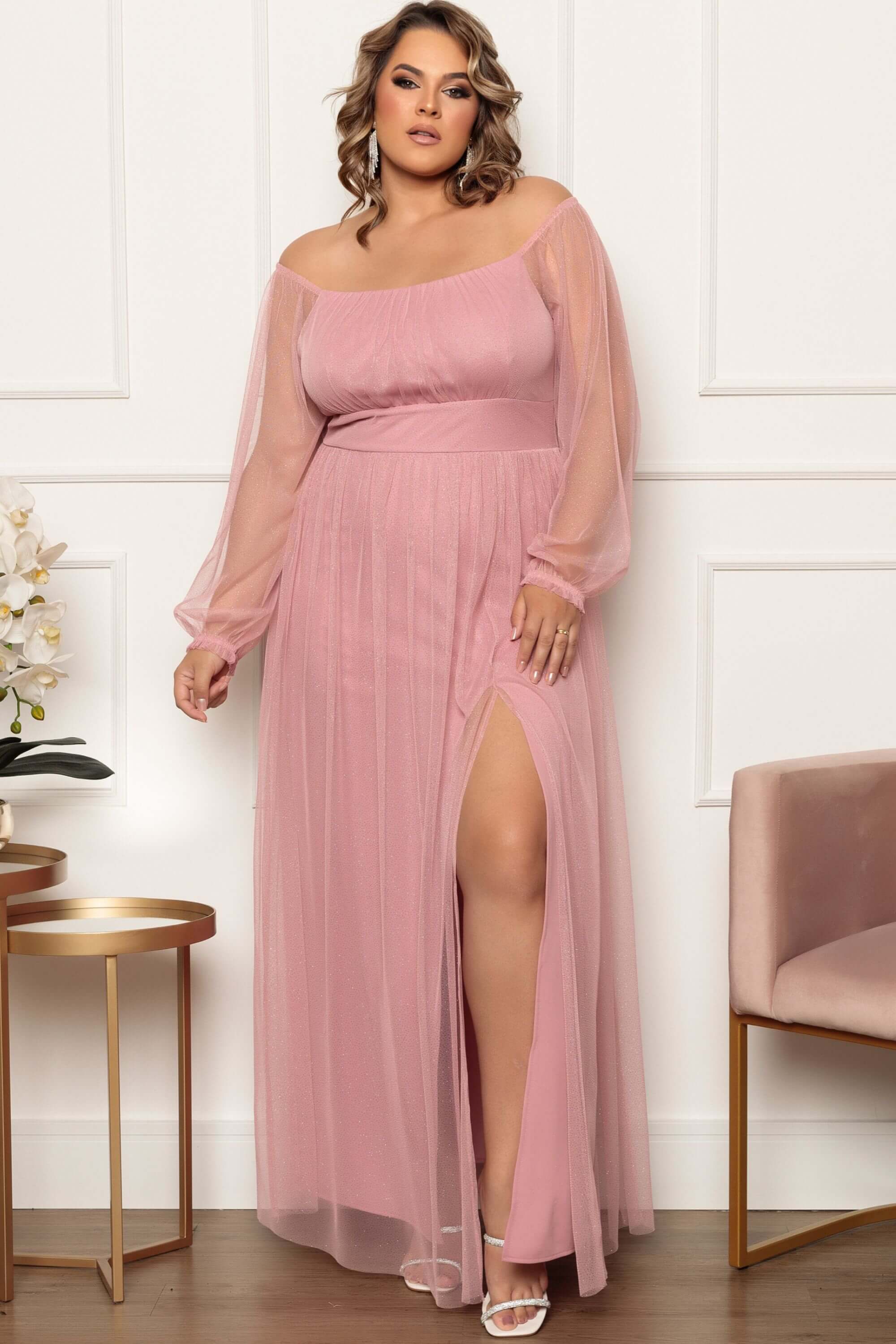 Vestido Midi Vestido De Festa Longo Plus Size Rosa Vestido De