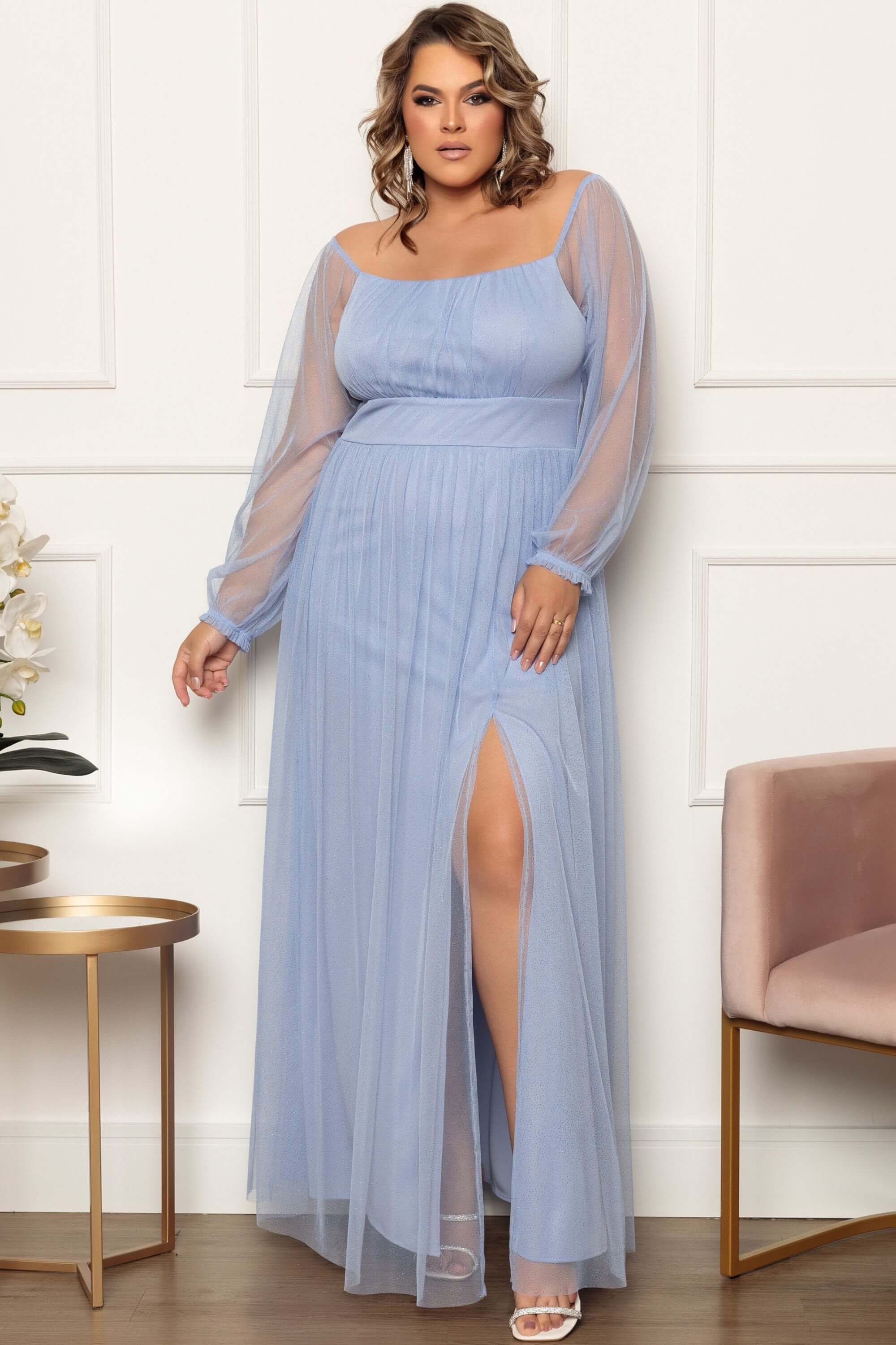 Tule Vestido Azul Claro Manga Longa VESTIDO LONGO TULIPA PLUS TULE