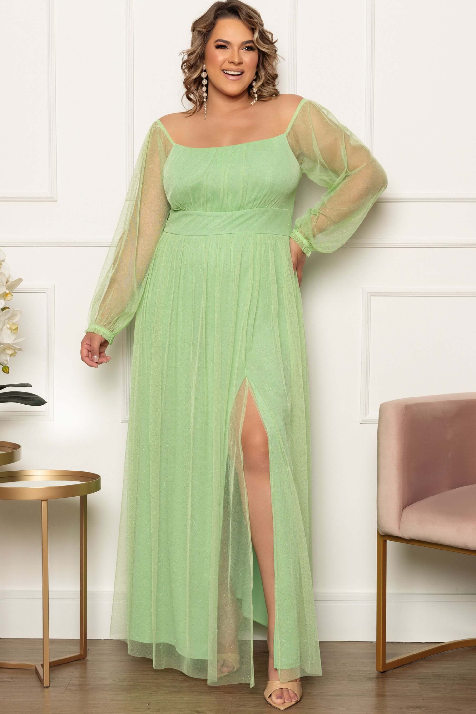 Verde Menta Vestido De Festa Plus Size Comprar Online Micro Tule - Main Image