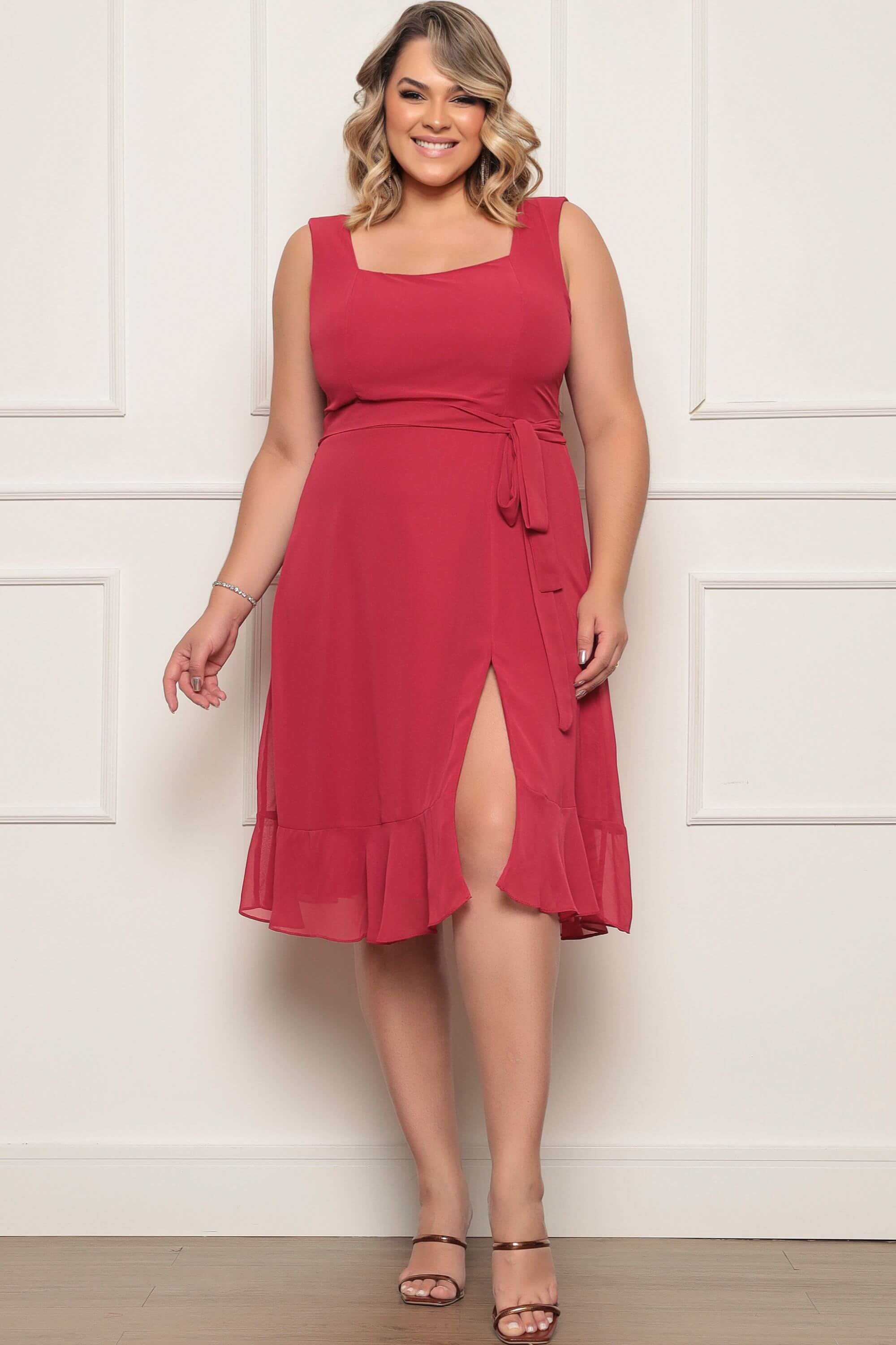 Vestido Midi Vestido De Madrinha Curto Marsala Festa Midi Vestido - Main Image