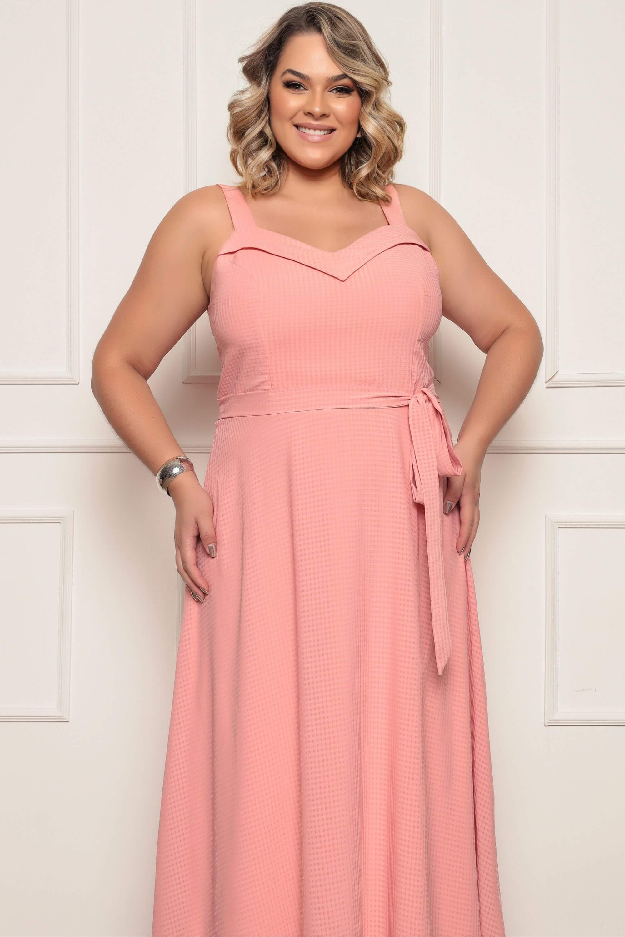 VESTIDO LONGO ALANA XADREZ ROSE BLUSH