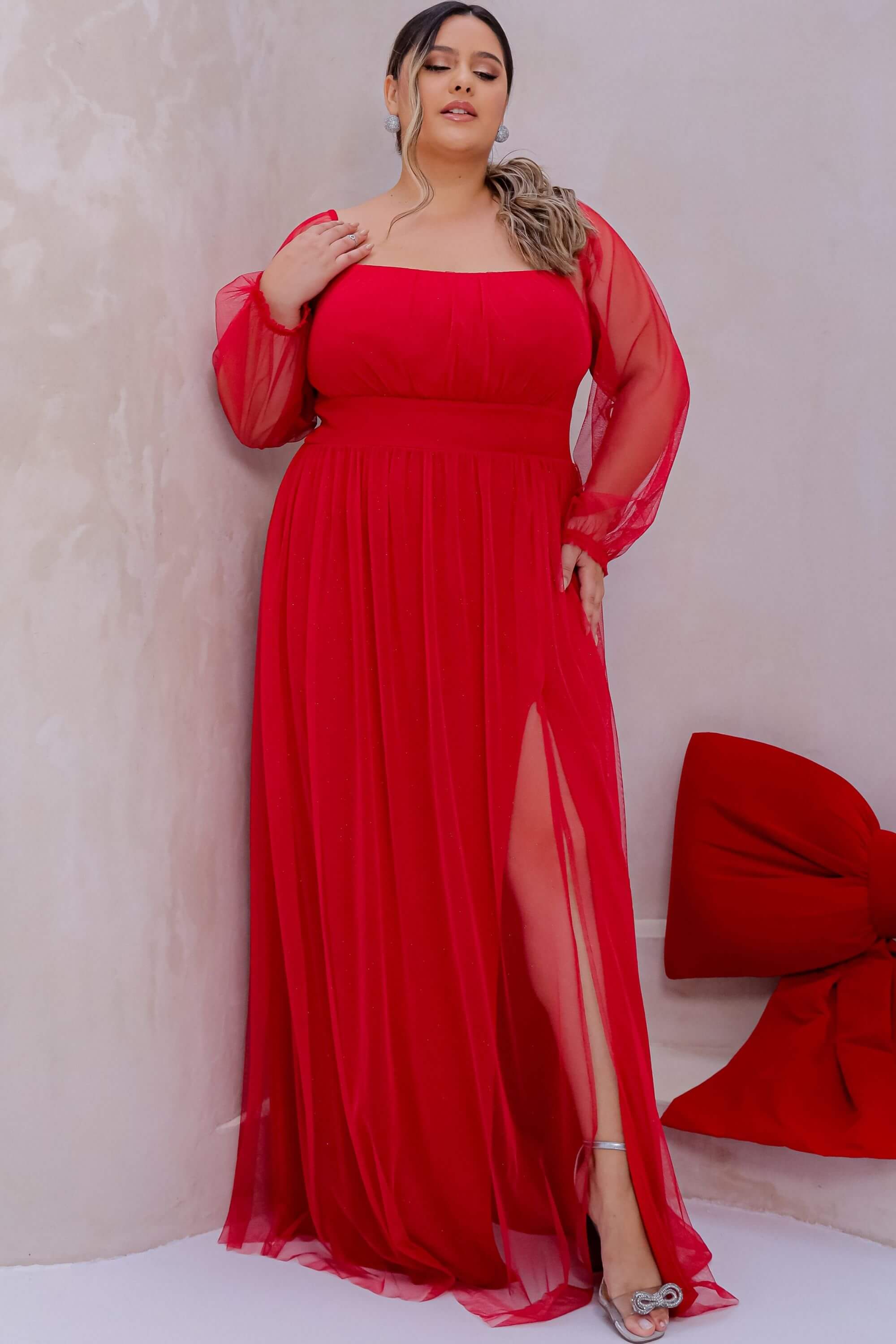 VESTIDO LONGO TULIPA PLUS TULE GLITER VERMELHO VINHO