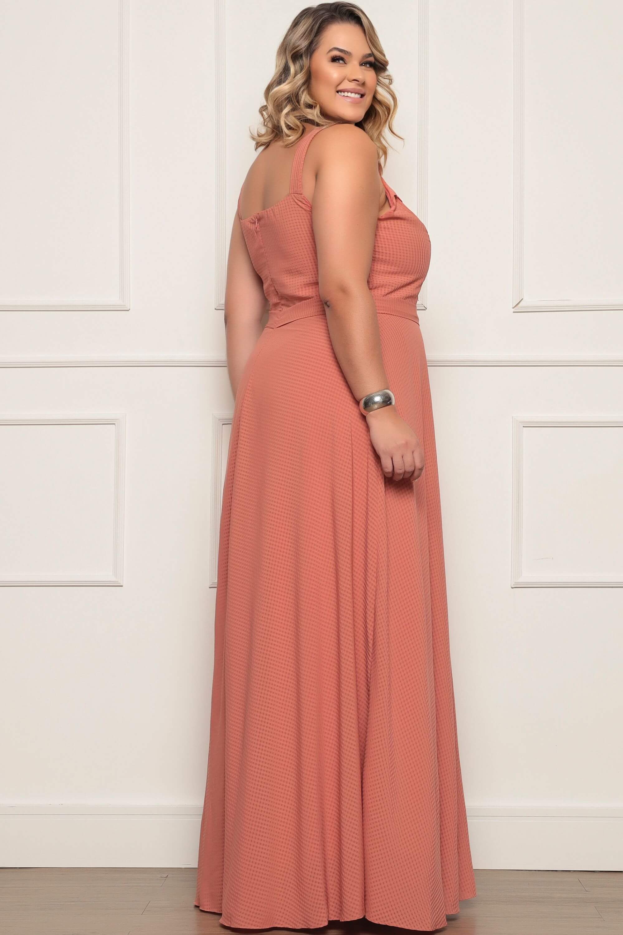 VESTIDO LONGO ALANA XADREZ TERRACOTA