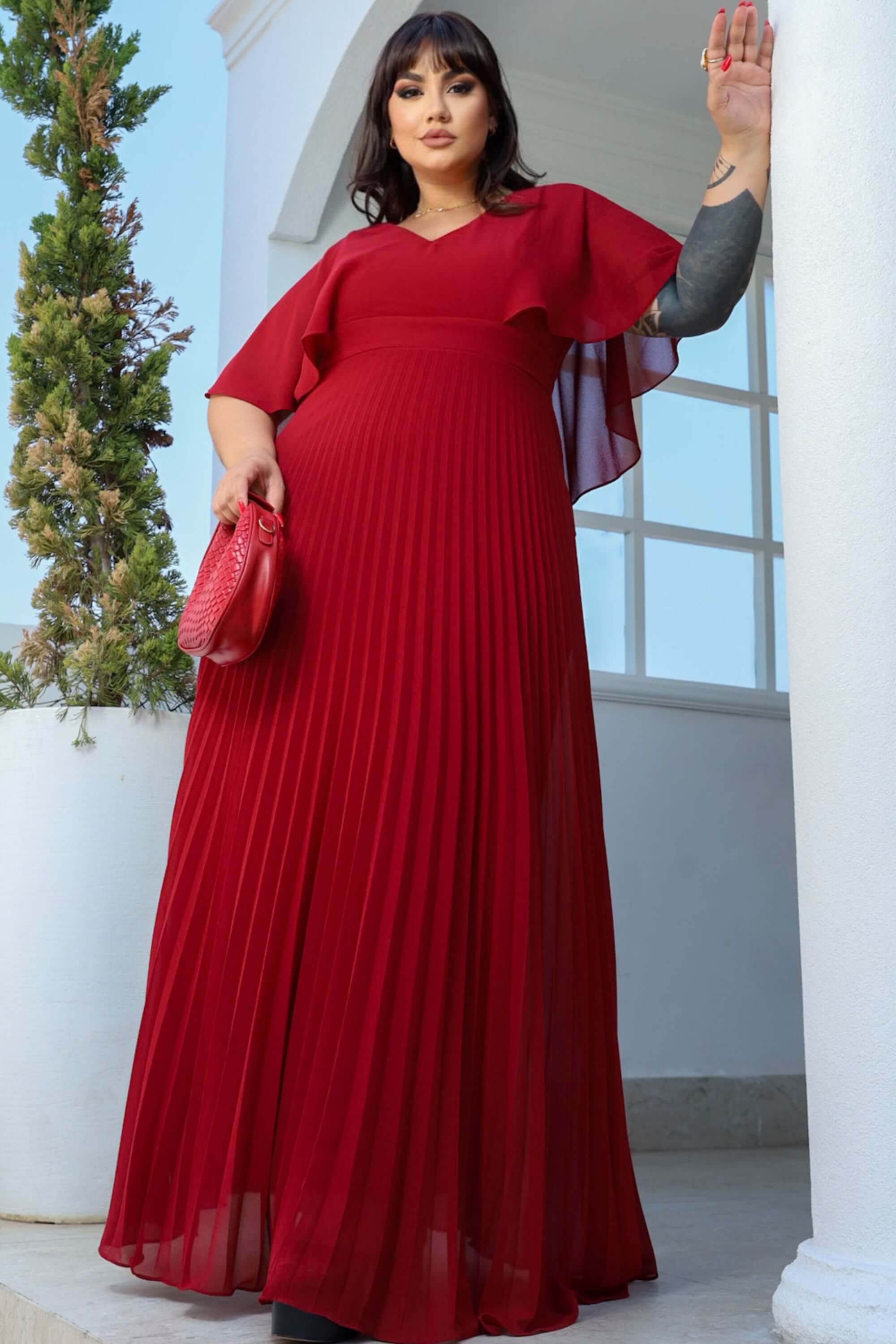 VESTIDO LONGO VALERIA CHIFFON PLISSADO CAPA MARSALA