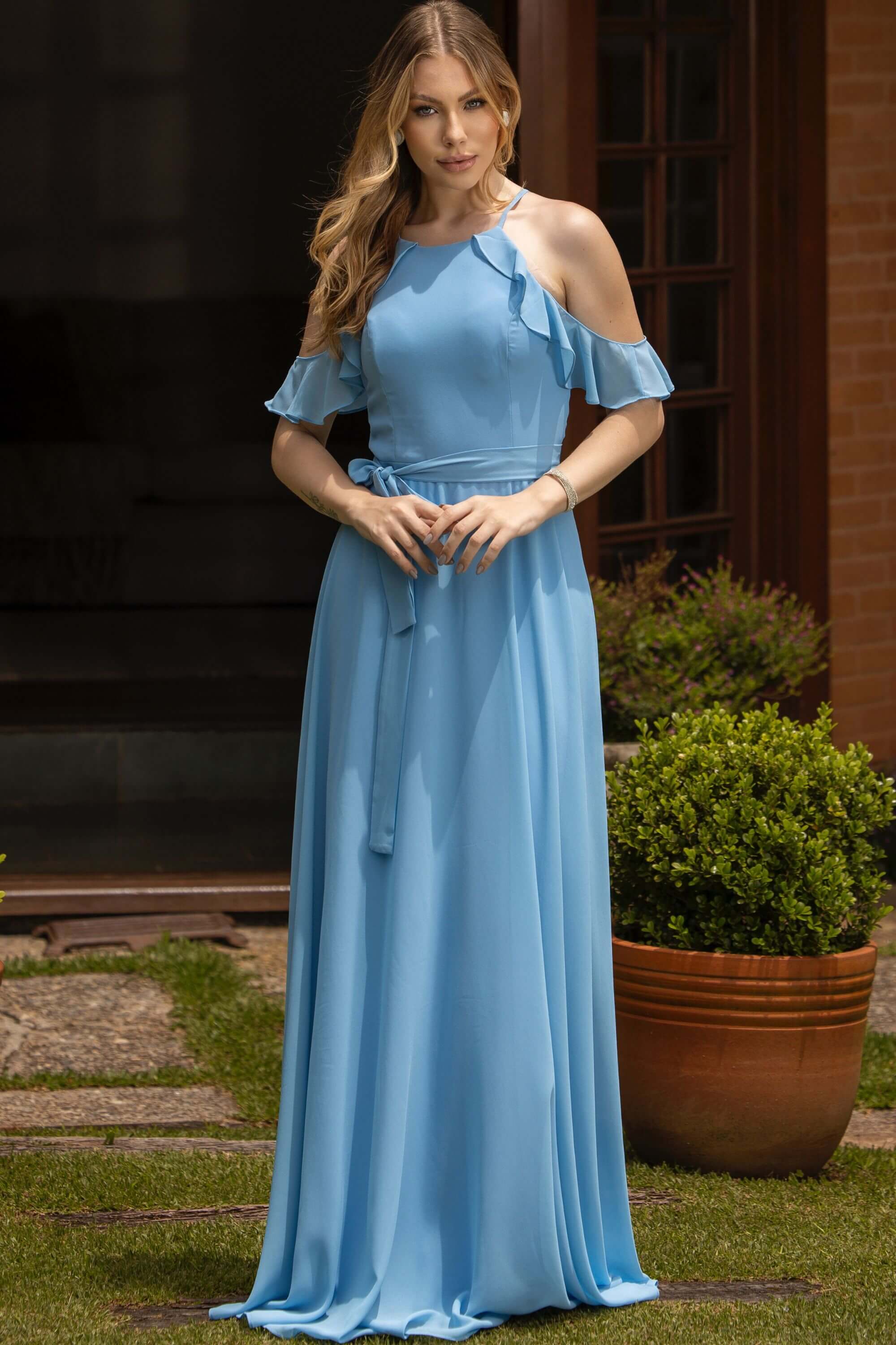 VESTIDO DE FESTA LONGO DAYSE CHIFFON AZUL SERENITY CLARO