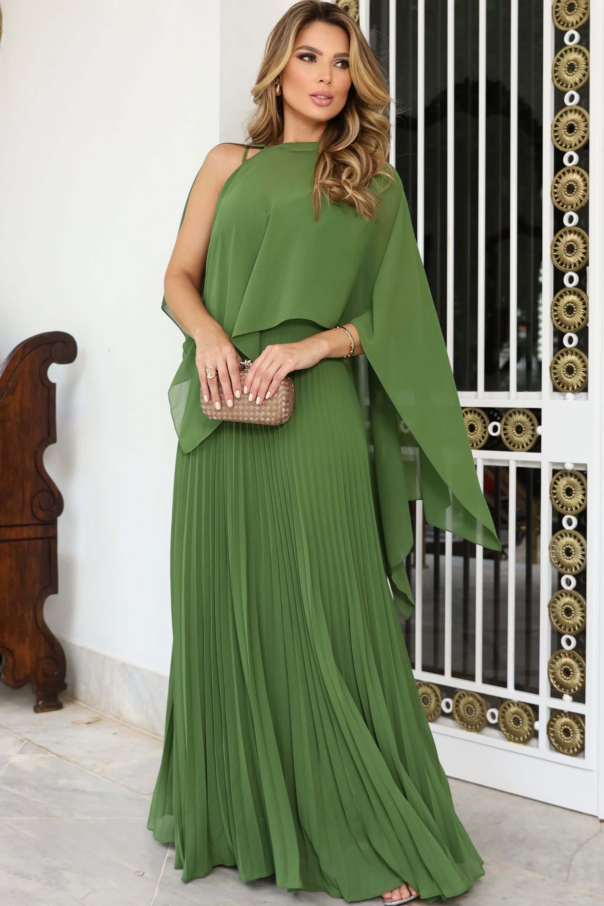 VESTIDO DE FESTA LONGO COM XALE CHIFFON PLISSADO LUNA VERDE OLIVA ESCURO