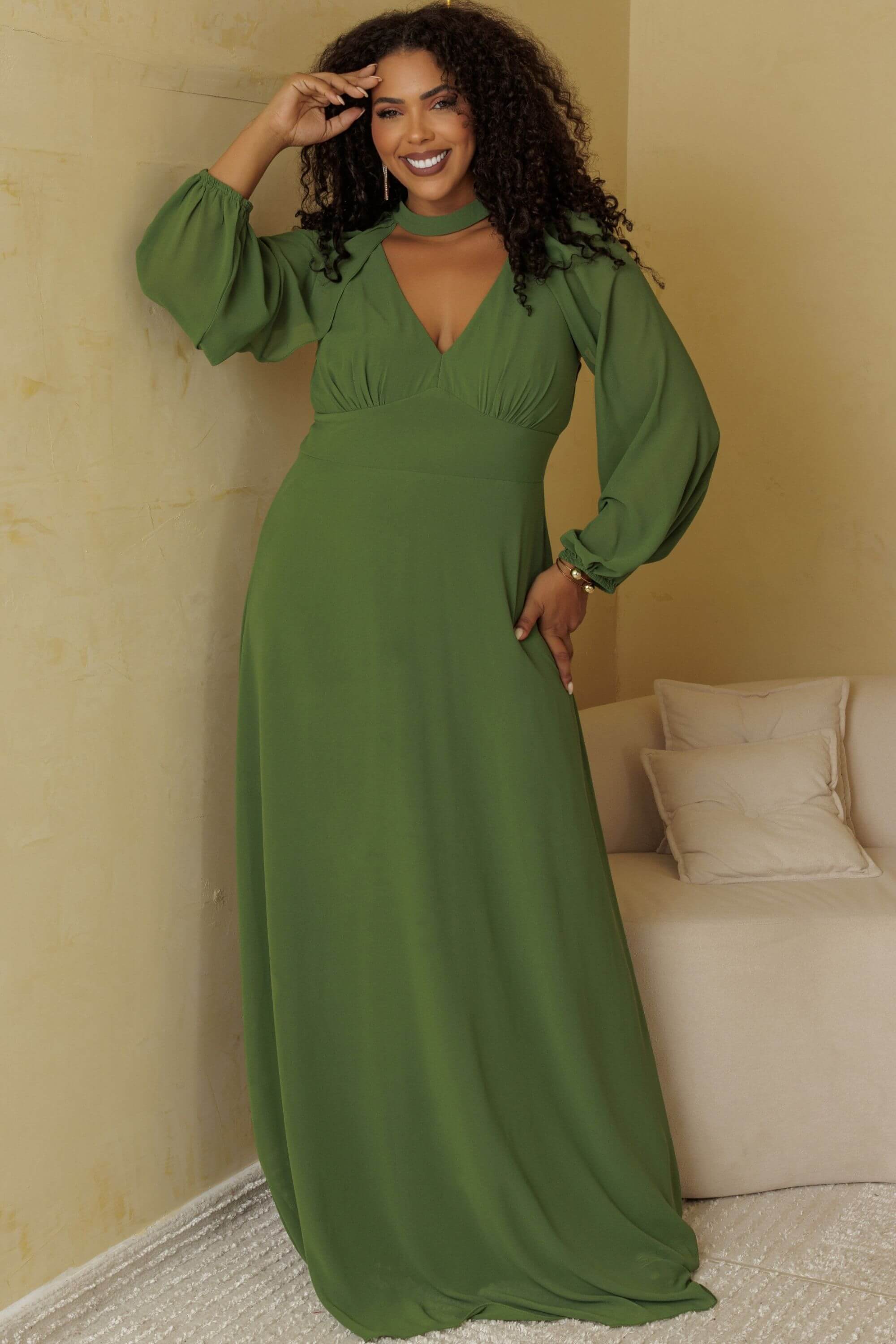 VESTIDO DE FESTA LONGO CAPA GOLA FLAVIA VERDE OLIVA ESCURO