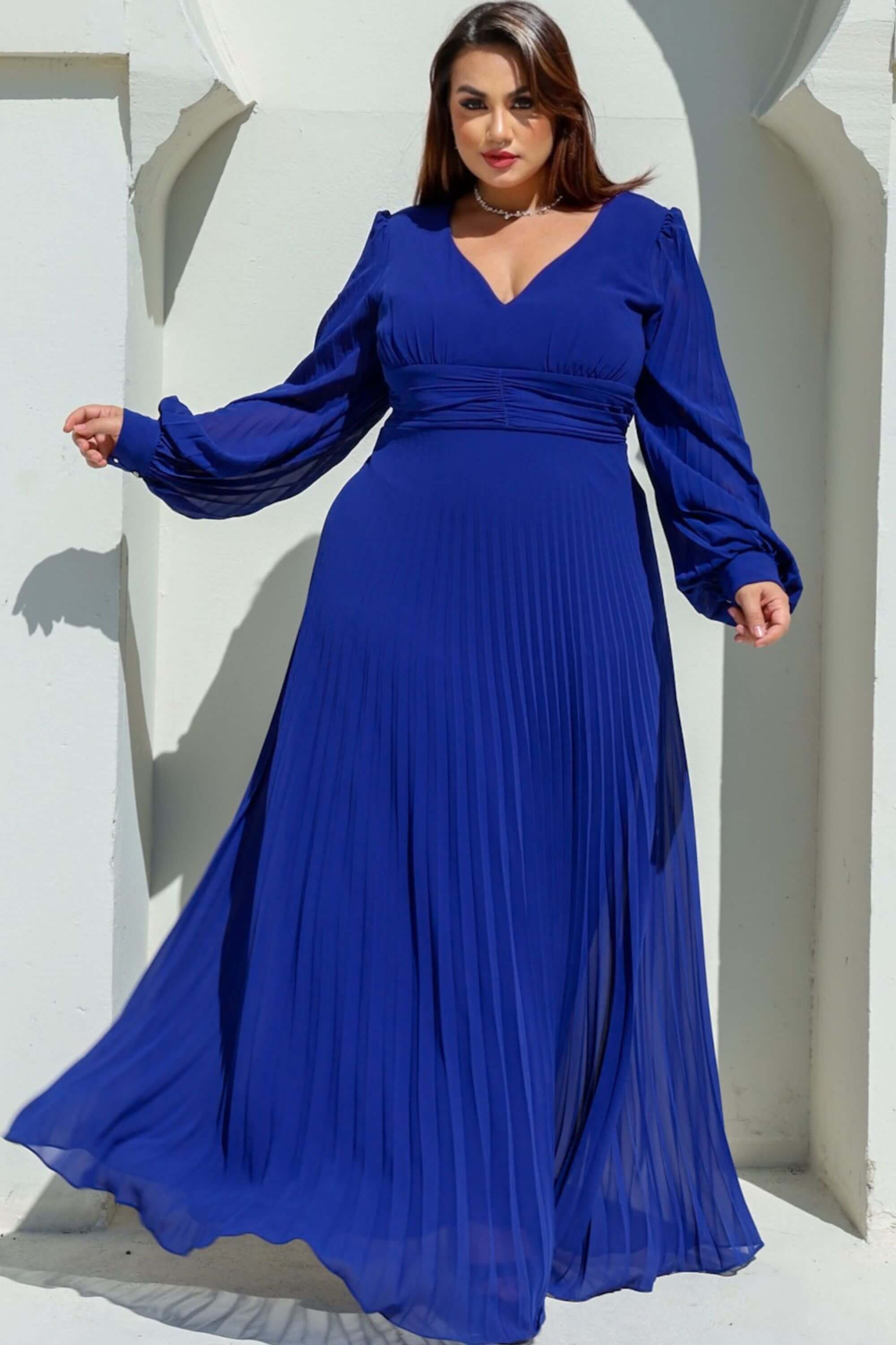 VESTIDO DE FESTA MANGA LONGA CHIFFON PLISSADO CELIA ROYAL